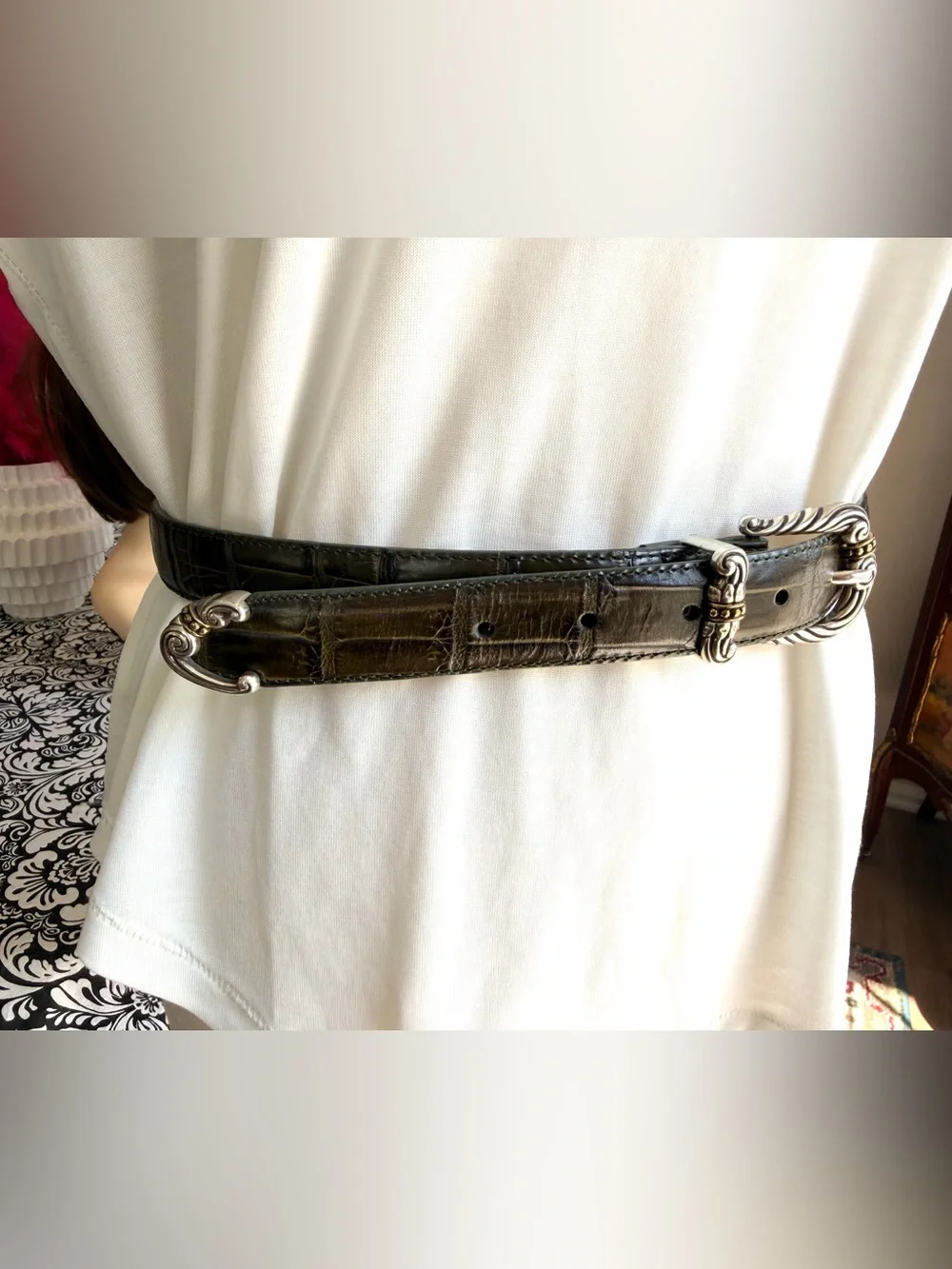 Brighton Olive Green Leather Belt Ornate Silver Gold Hardware M/L 32